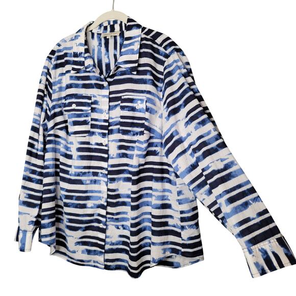 Jones New York Sport Women's Size 3X Blue Abstract Roll Tab‎ Cotton Button Front - Picture 1 of 13